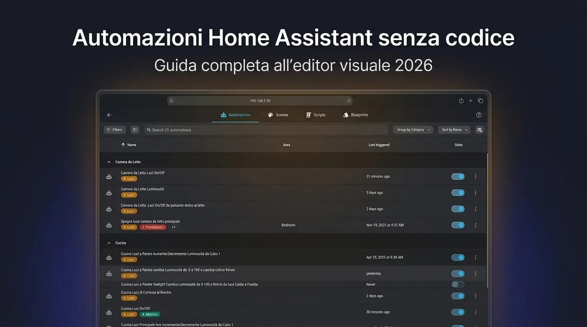 Automazioni Home Assistant senza codice: guida editor 2026