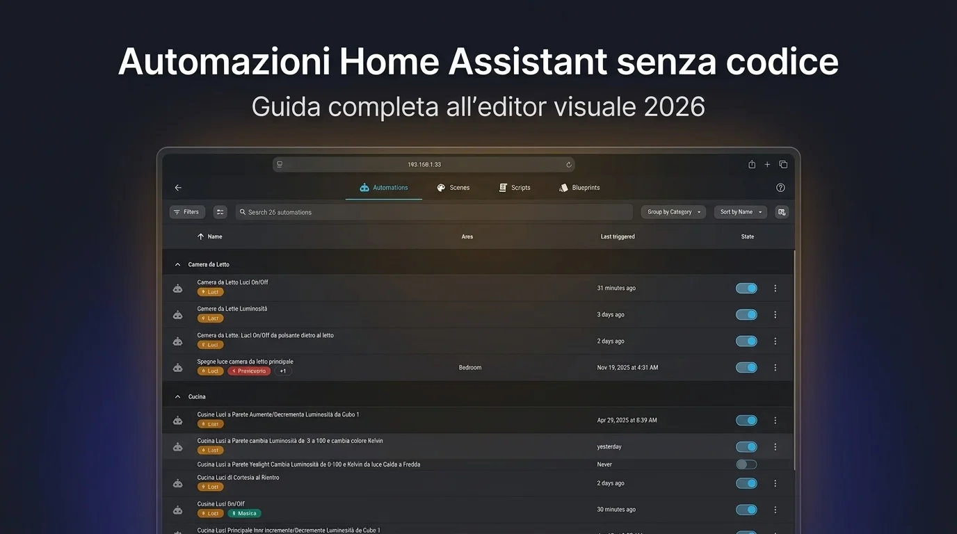 Editor automazioni Home Assistant con trigger, condizioni e azioni nell'interfaccia visuale 2026