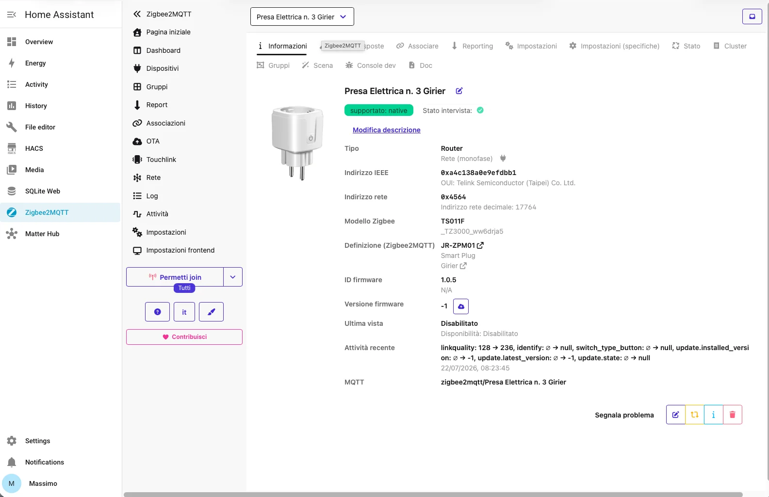 Scheda dispositivo Girier JR-ZPM01 su Zigbee2MQTT
