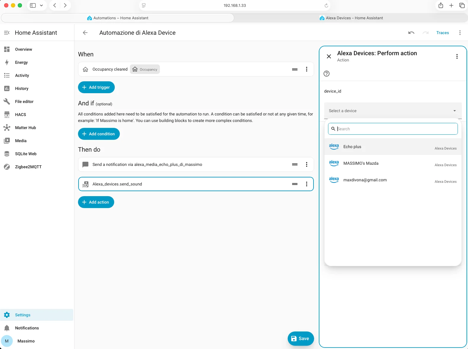 Action send_sound con suono campanello su Echo da Home Assistant