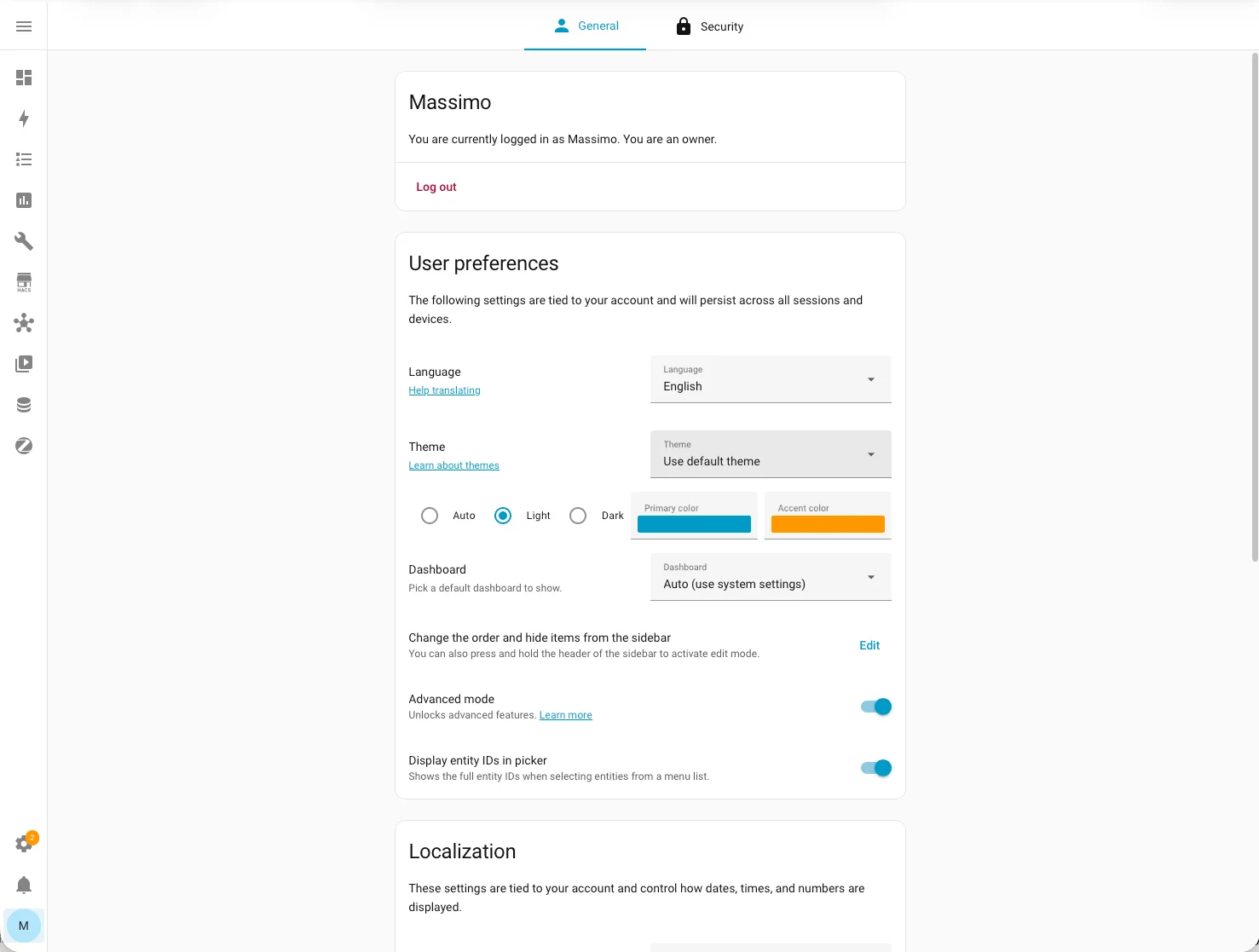 Profilo utente di Home Assistant aperto con la voce Tema visibile nella sezione Impostazioni generali
