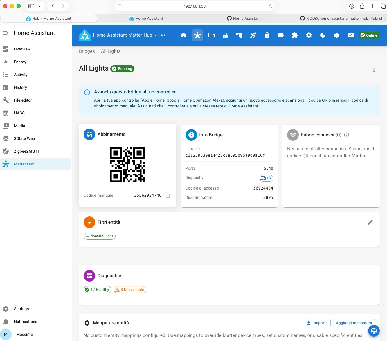 Abbinamento del bridge Matter tramite codice QR