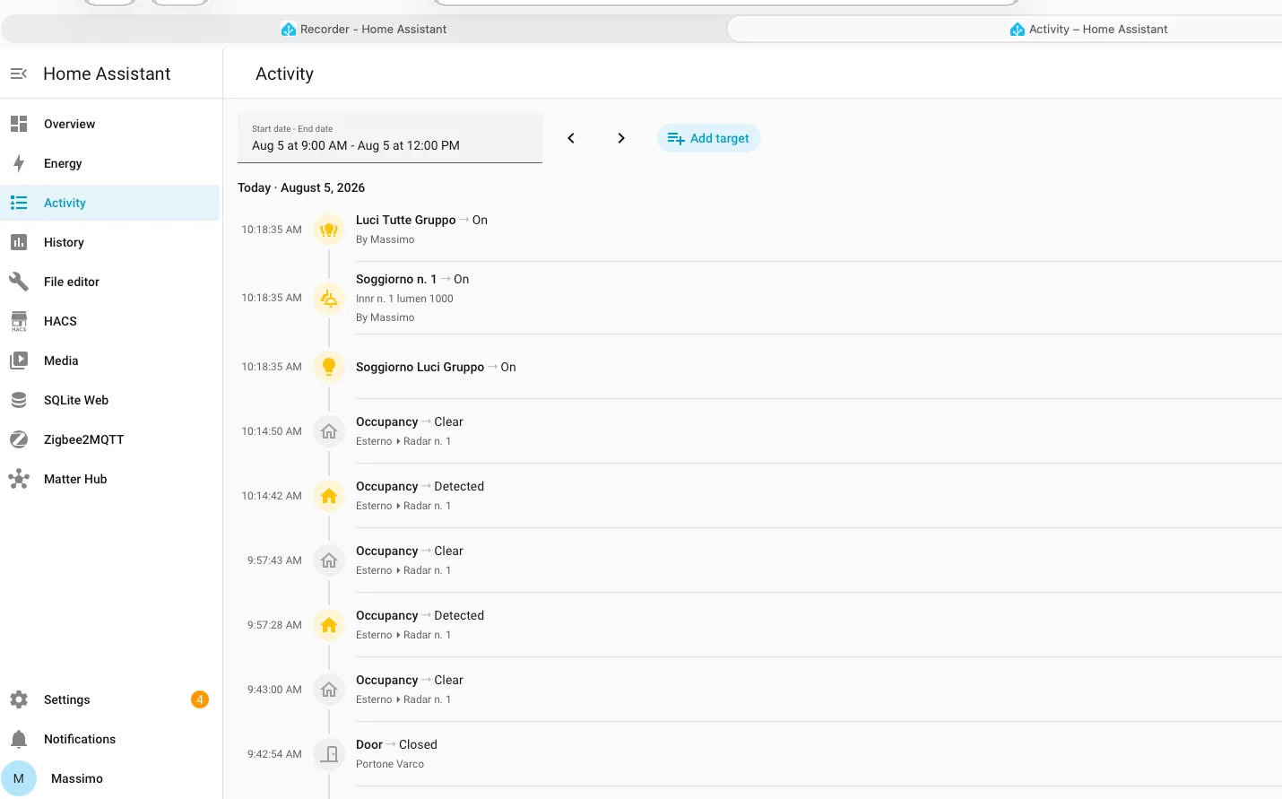 Schermata Activity di Home Assistant con l'accensione di una luce registrata dal recorder