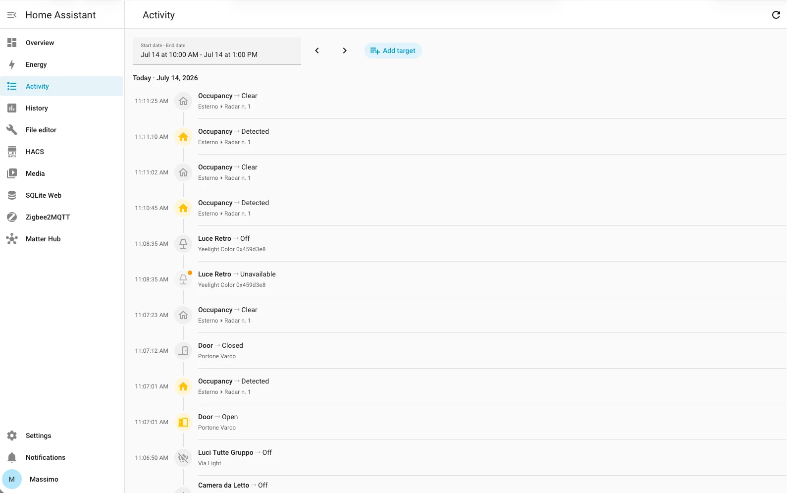 Nuova timeline del registro Attività di Home Assistant 2026.7 con linea verticale che collega gli eventi