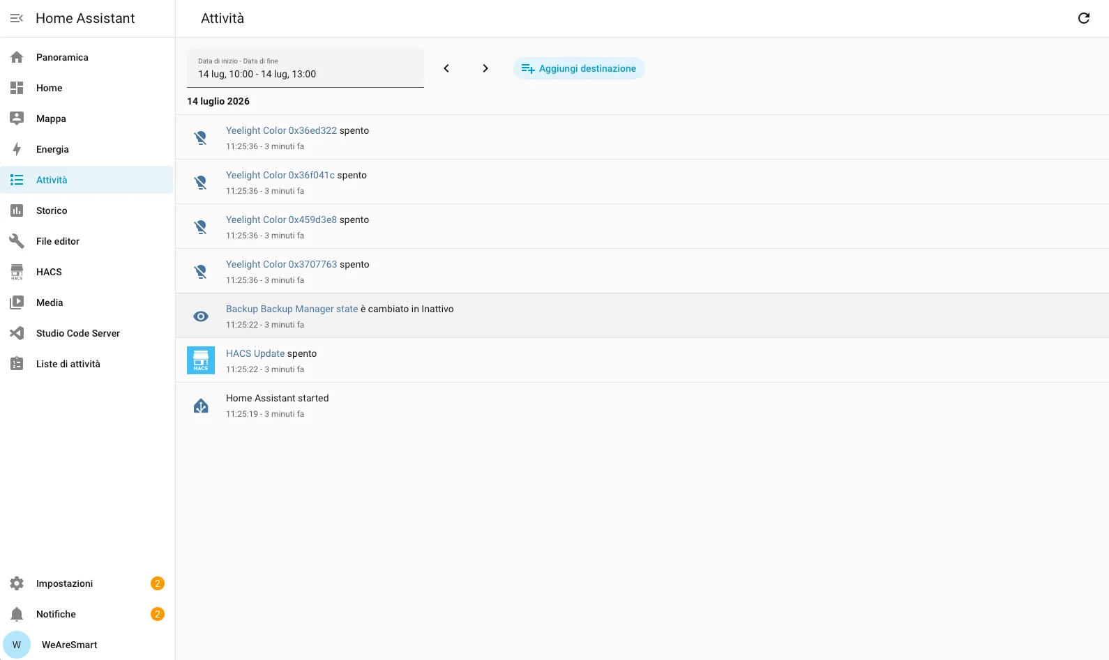 Vecchio Logbook di Home Assistant con le voci elencate riga per riga
