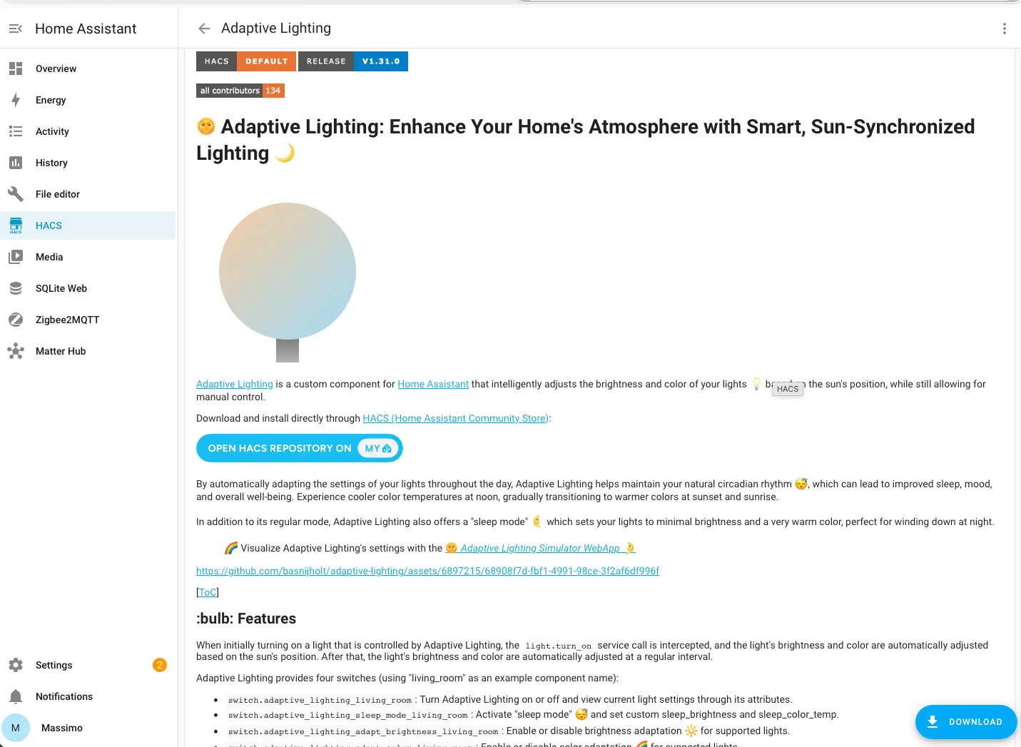 Pagina di Adaptive Lighting in HACS con badge Default e versione rilasciata