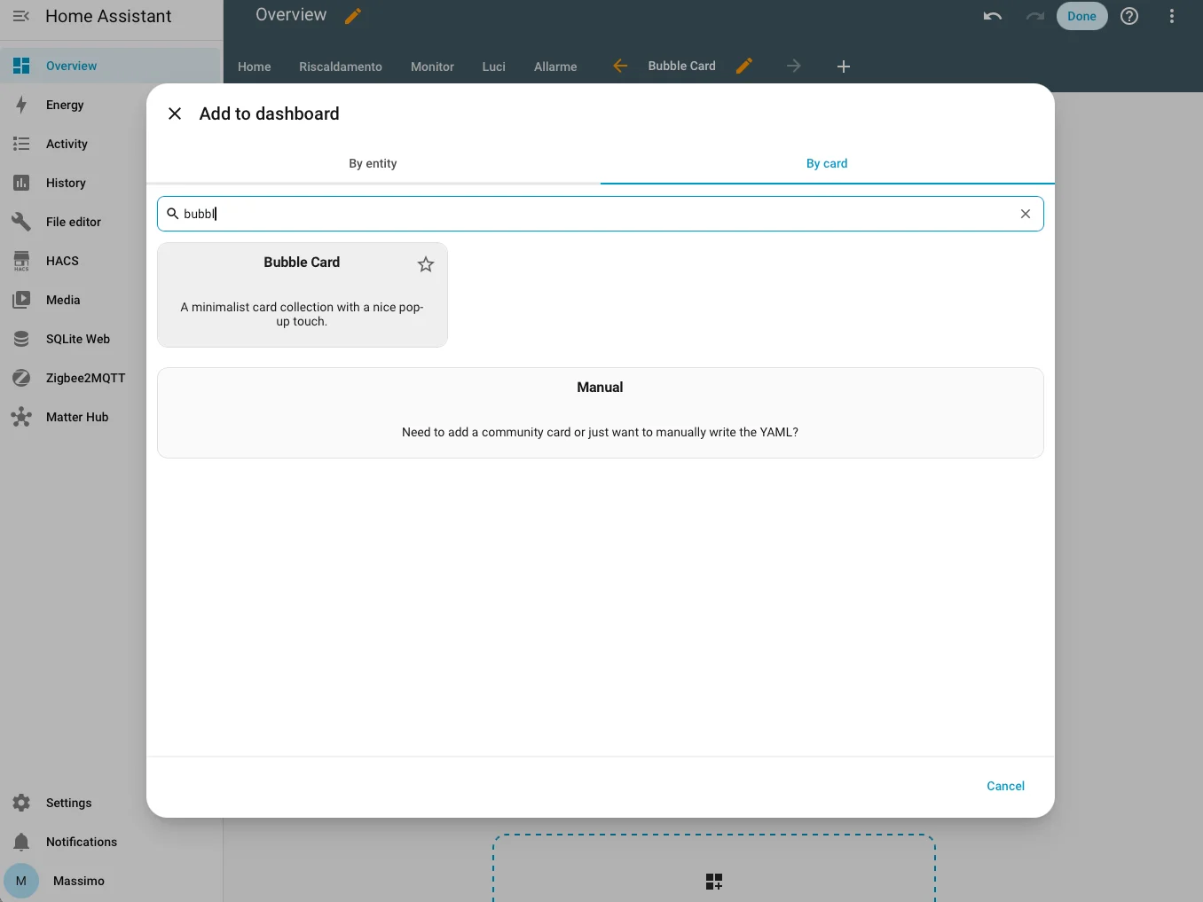 Aggiunta della card Bubble Card alla dashboard tramite ricerca in HACS