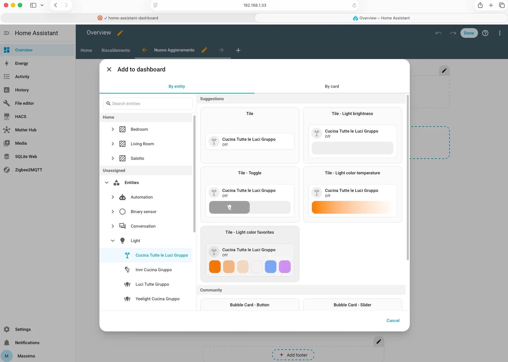 Selezione entità luce cucina nel nuovo picker Home Assistant: Cucina Tutte le Luci Gruppo con anteprime card native e Bubble Card community