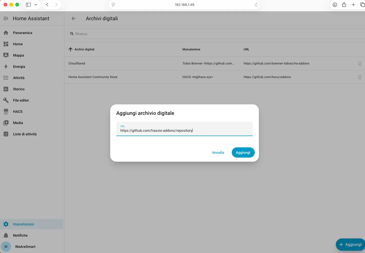Aggiunta del repository community hassio-addons allo store di Home Assistant