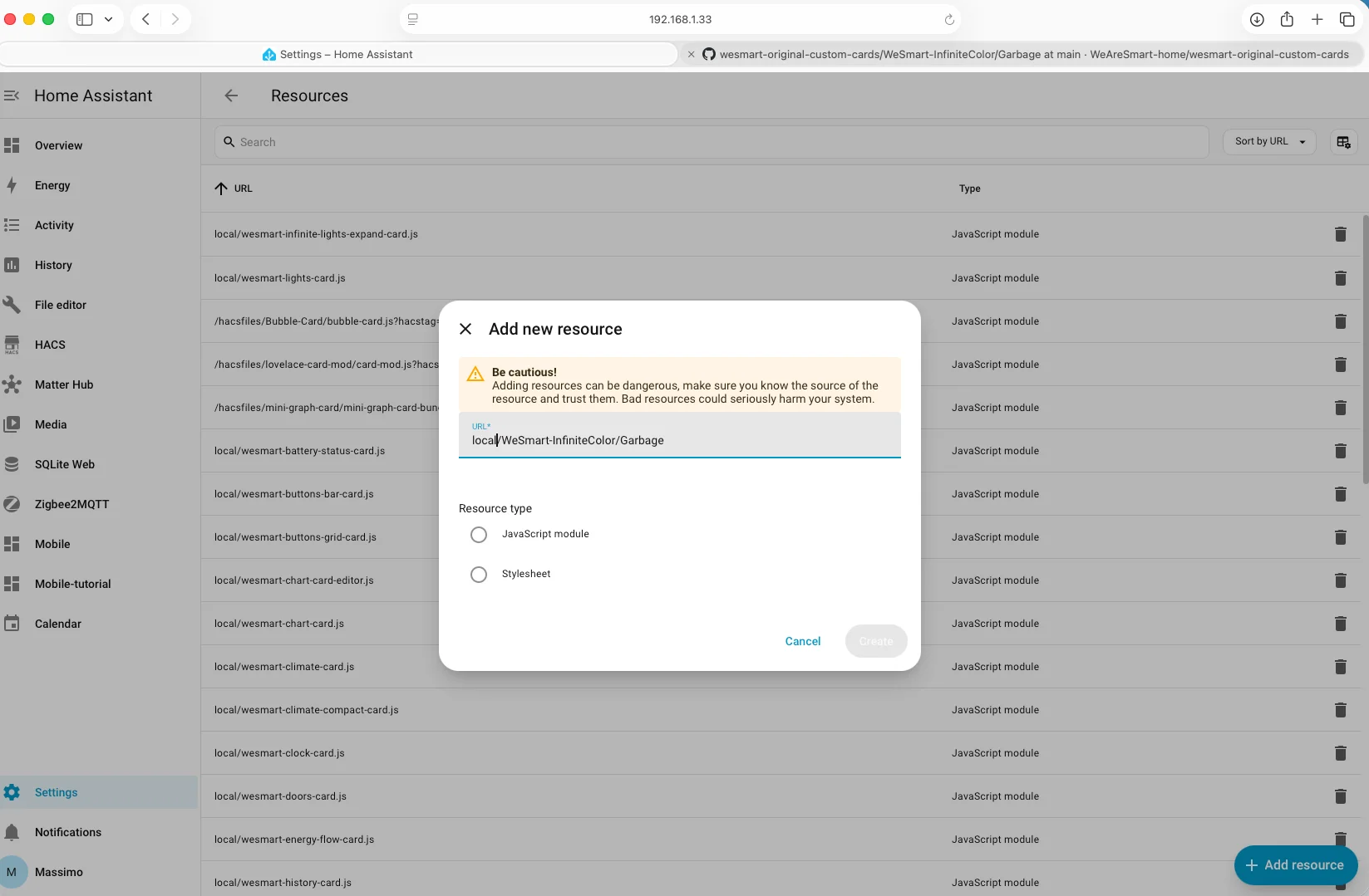 Aggiunta risorsa JavaScript in Home Assistant