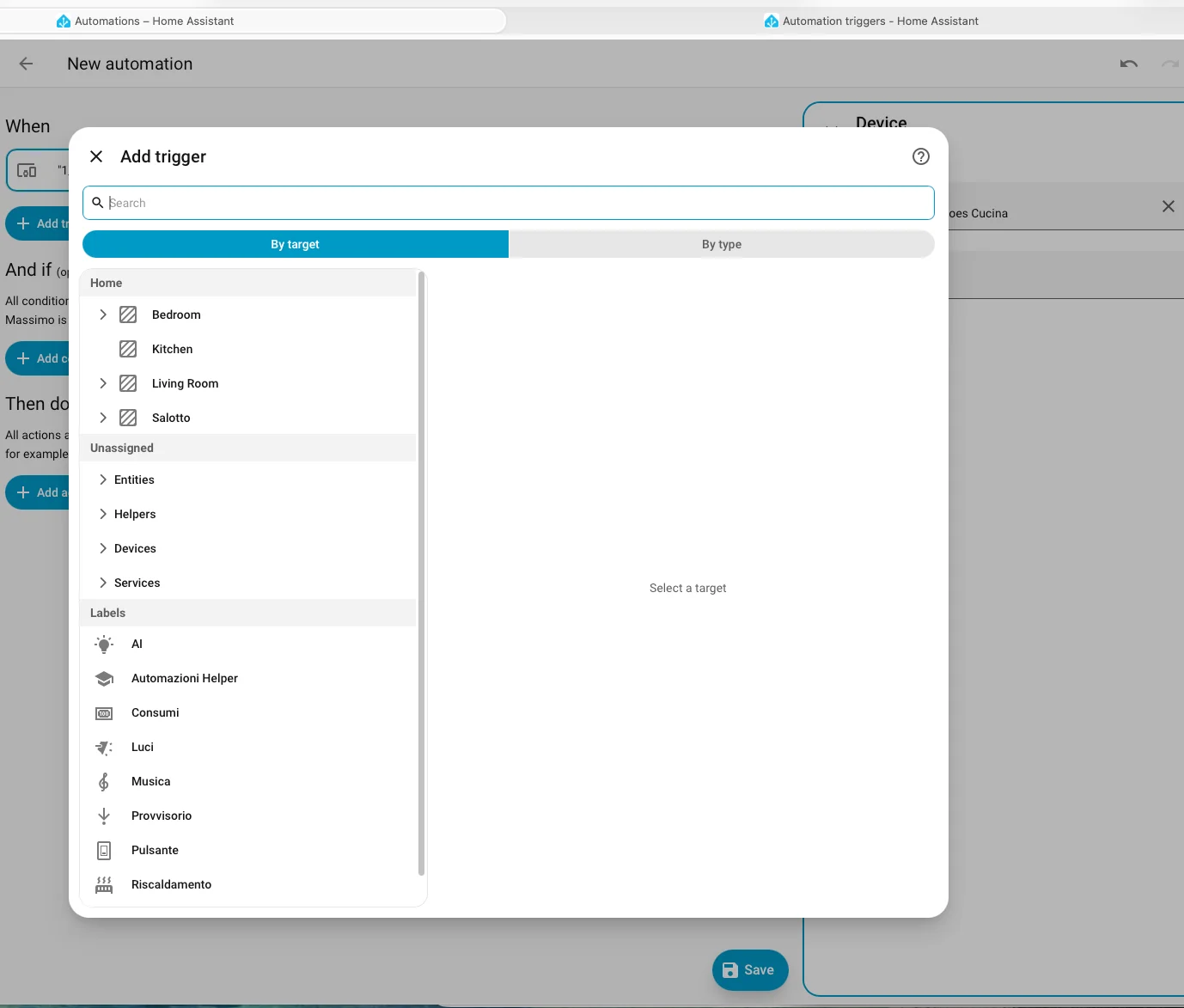 Schermata Add Trigger di Home Assistant con navigazione per area e label personalizzate
