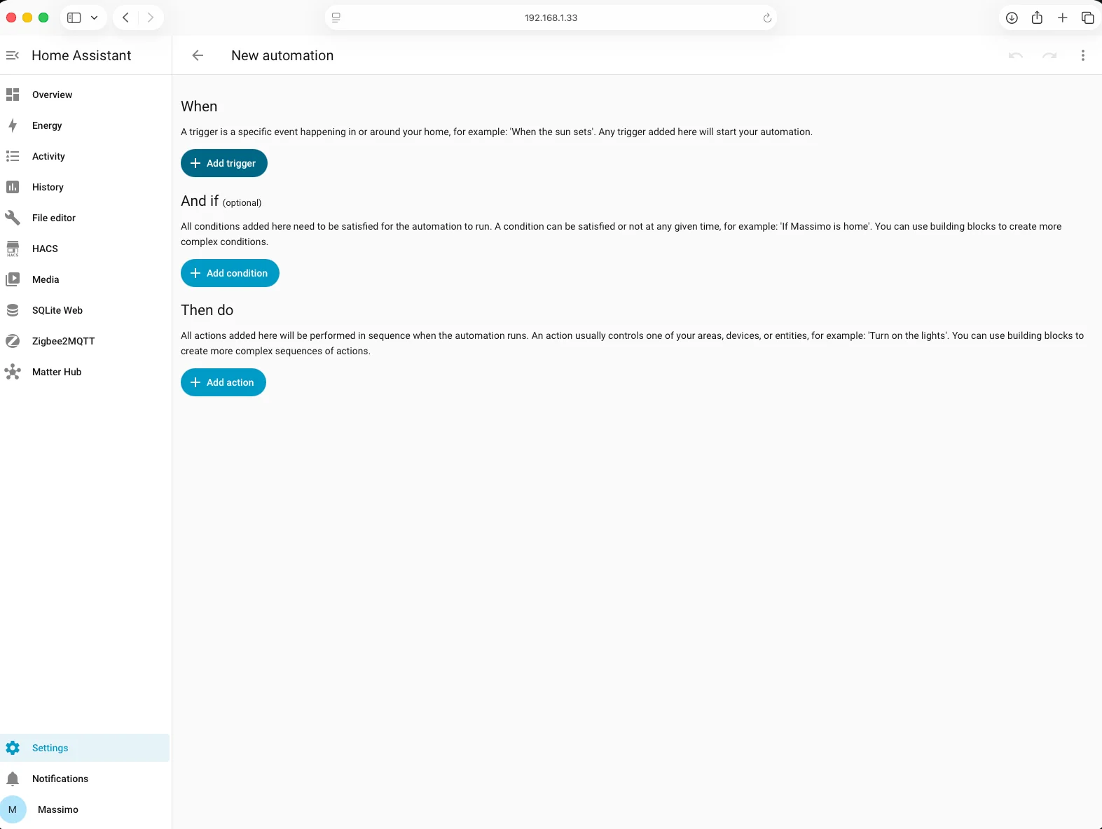 Editor automazioni Home Assistant — aggiunta trigger