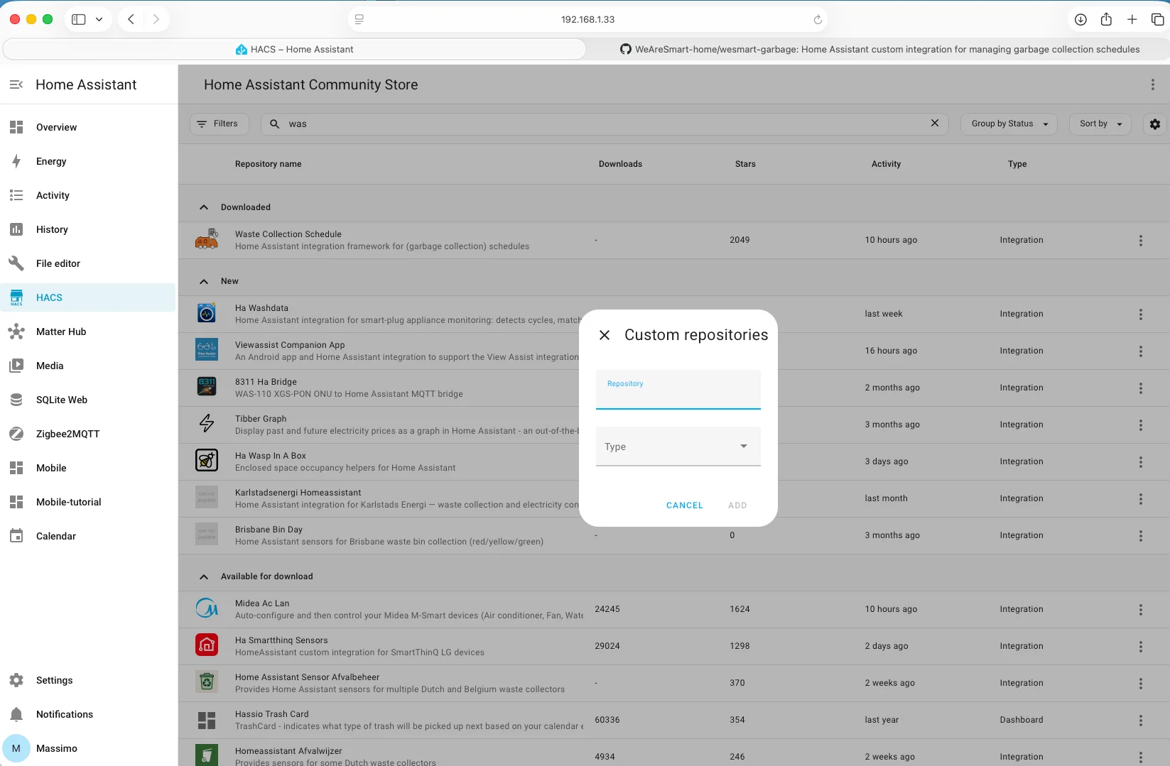 Aggiunta repository personalizzato in HACS
