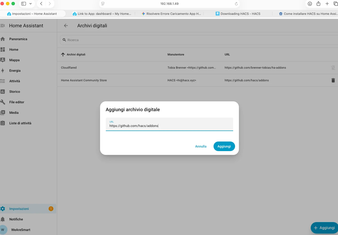 Aggiunta archivio digitale HACS in Home Assistant: campo URL con https://github.com/hacs/addons