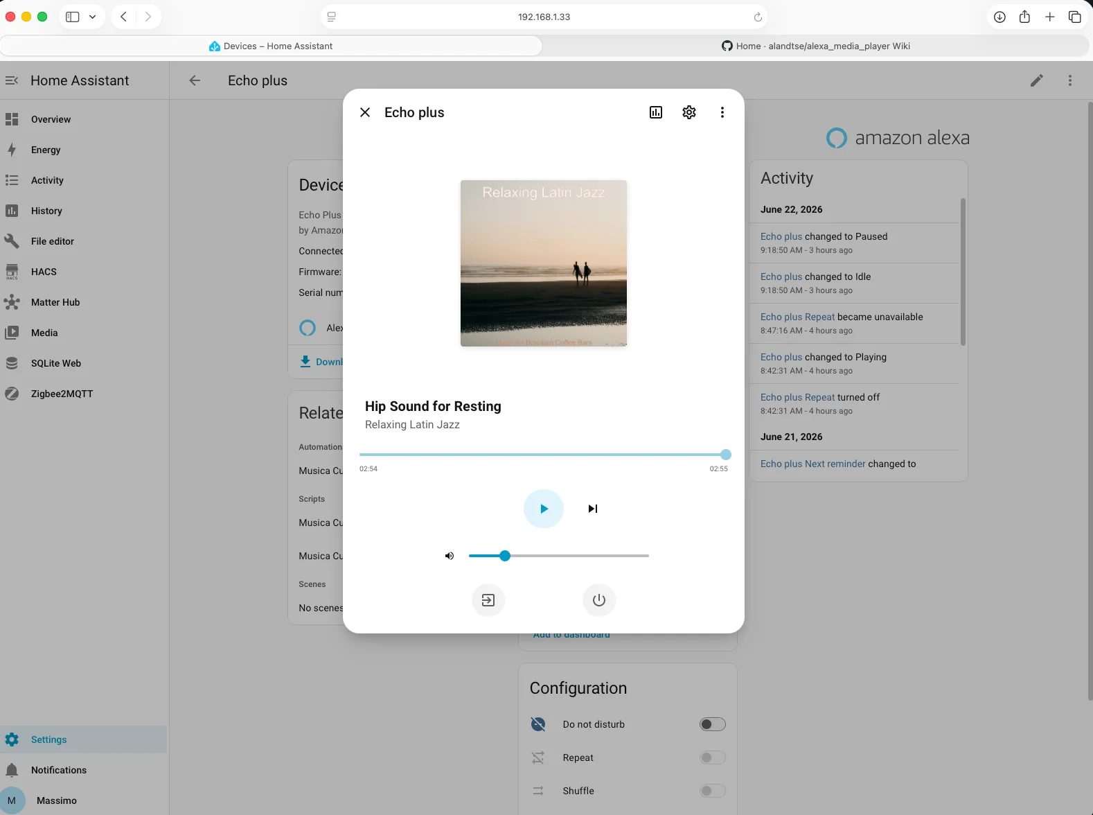 Controllo musica su Echo con Alexa Media Player