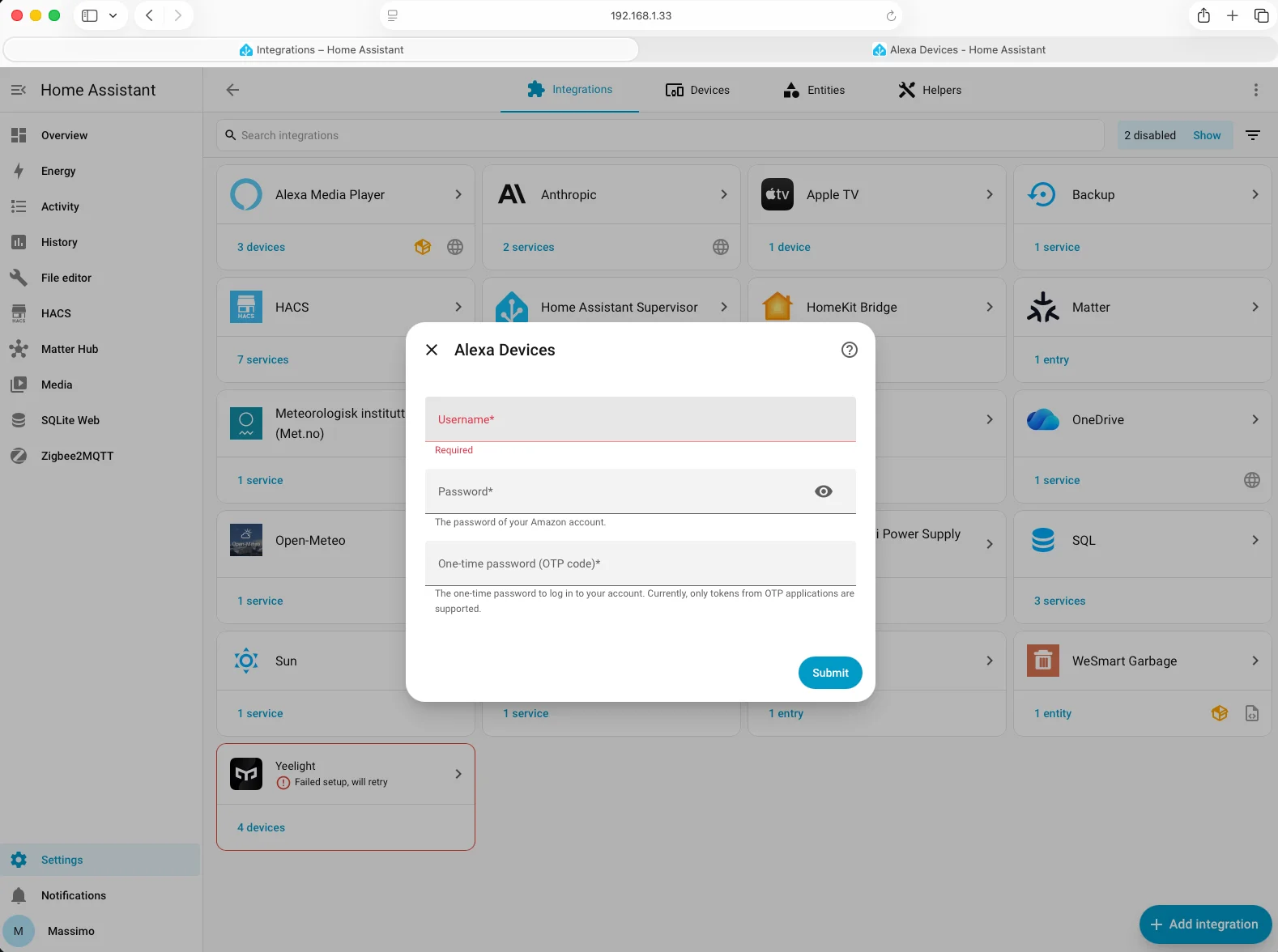 Aggiunta dell'integrazione Alexa Devices da Impostazioni di Home Assistant