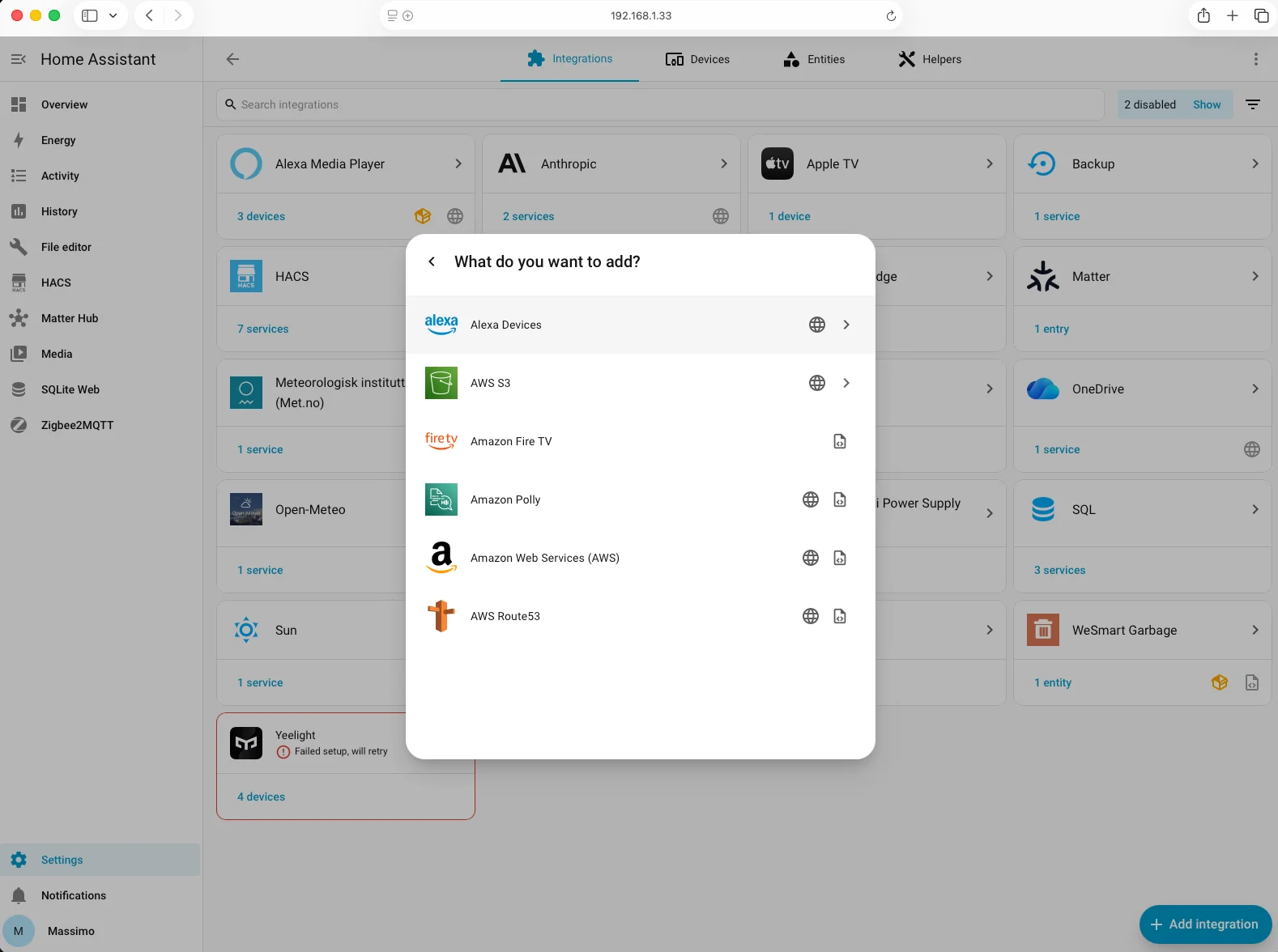 Integrazione Alexa Devices configurata in Home Assistant