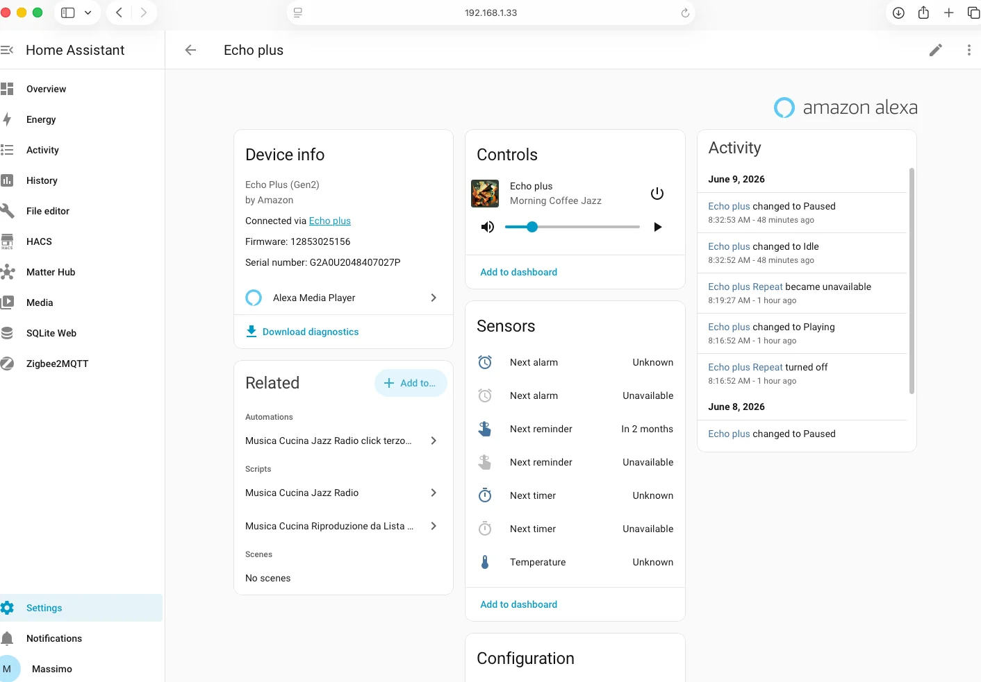 Echo Plus Gen2 integrato in Home Assistant tramite Alexa Media Player via HACS: automazioni e script collegati
