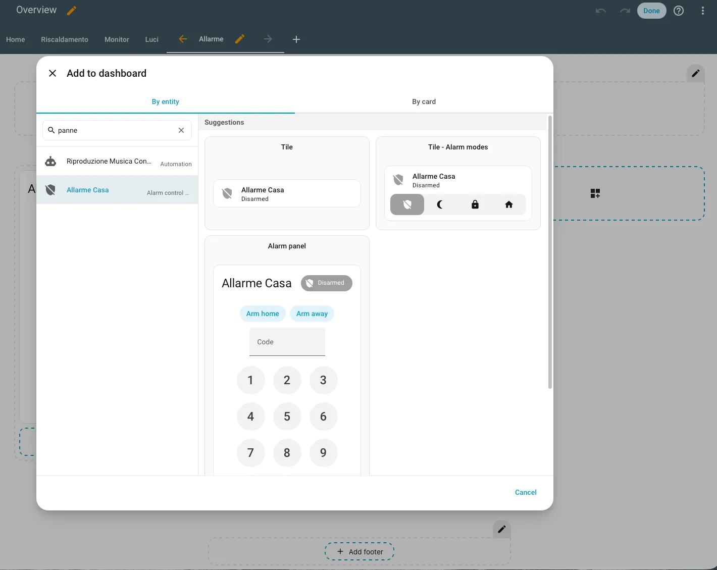 Dialogo Aggiungi alla dashboard con le tre card allarme disponibili in Home Assistant