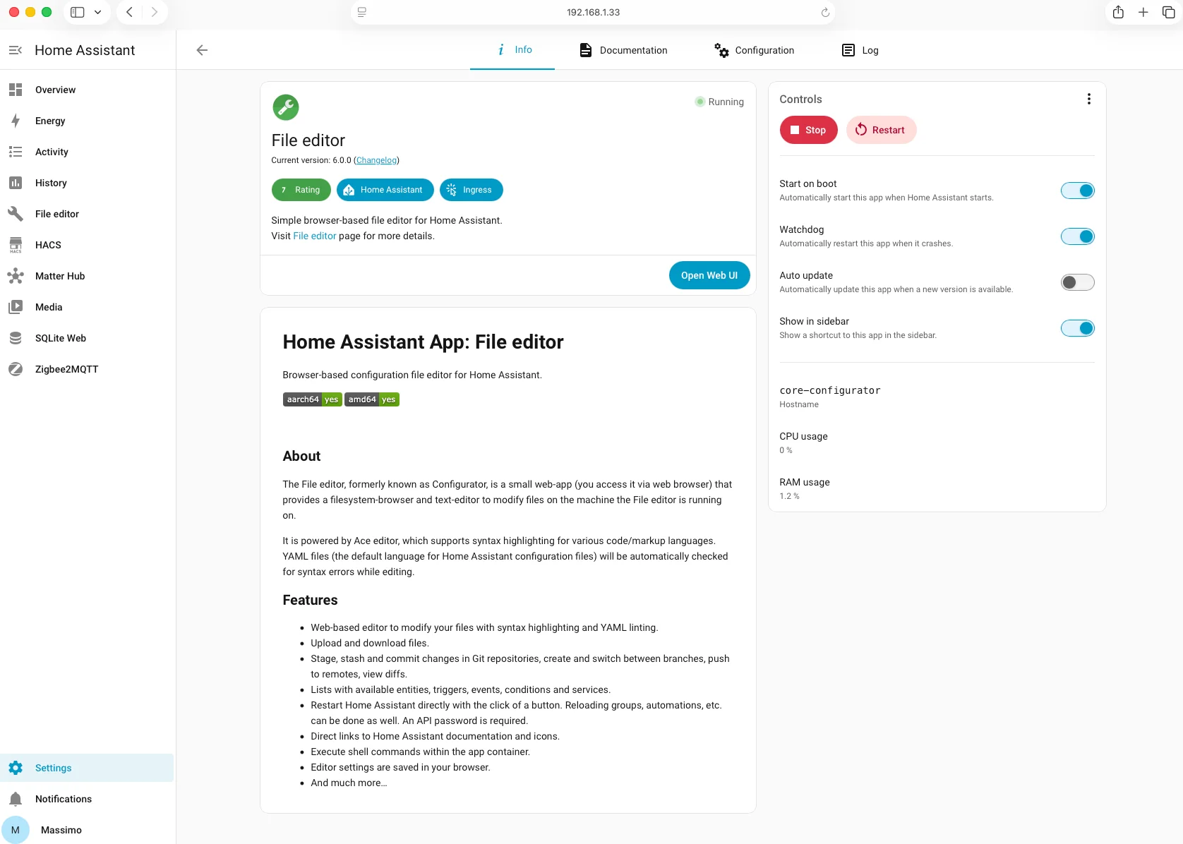 Pagina di dettaglio app Home Assistant 2026.6: scheda File Editor con informazioni, controlli e statistiche di utilizzo