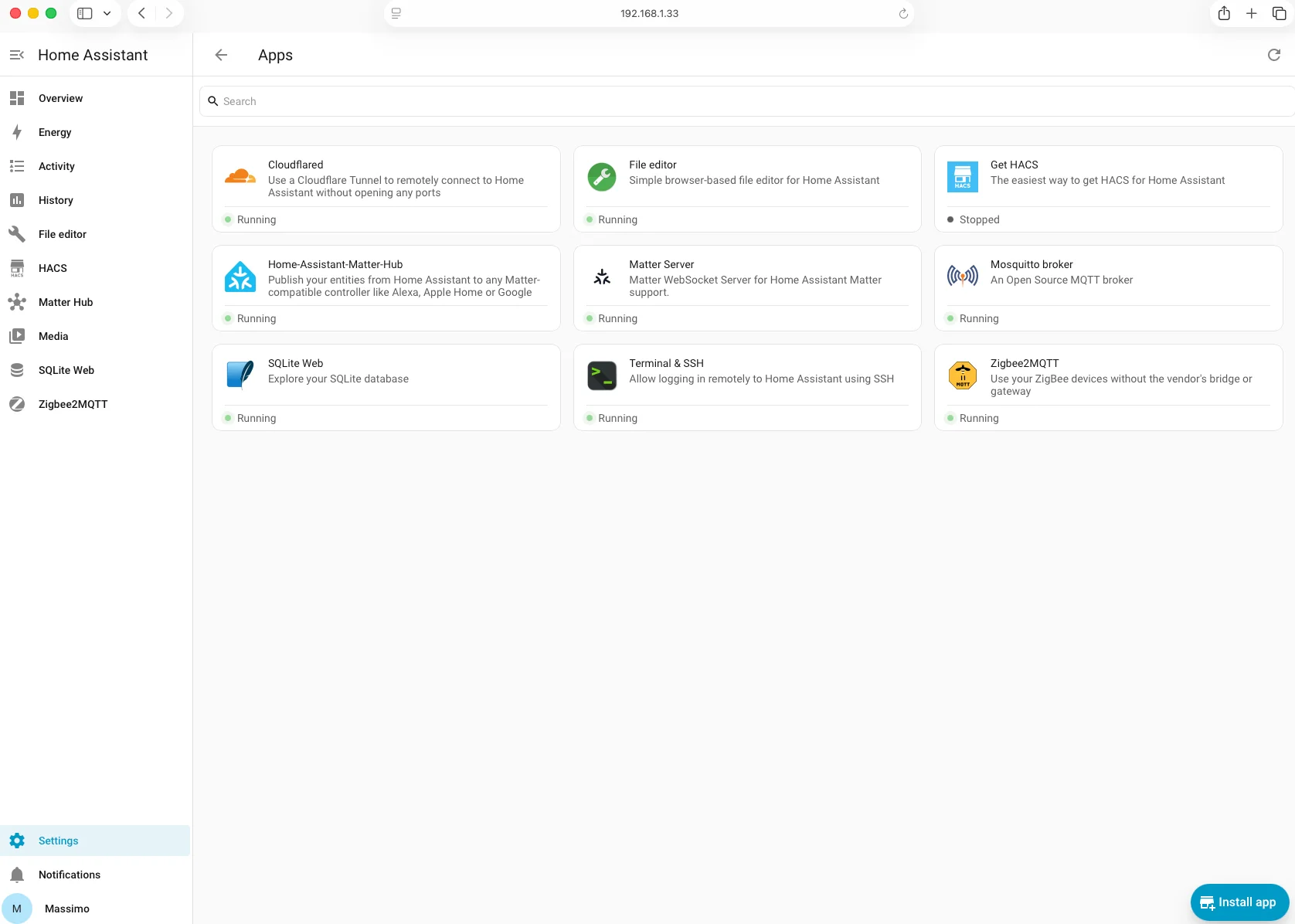 Pagina App rinnovata in Home Assistant 2026.6 con lista di add-on installati: Cloudflared, File editor, HACS, Matter Hub