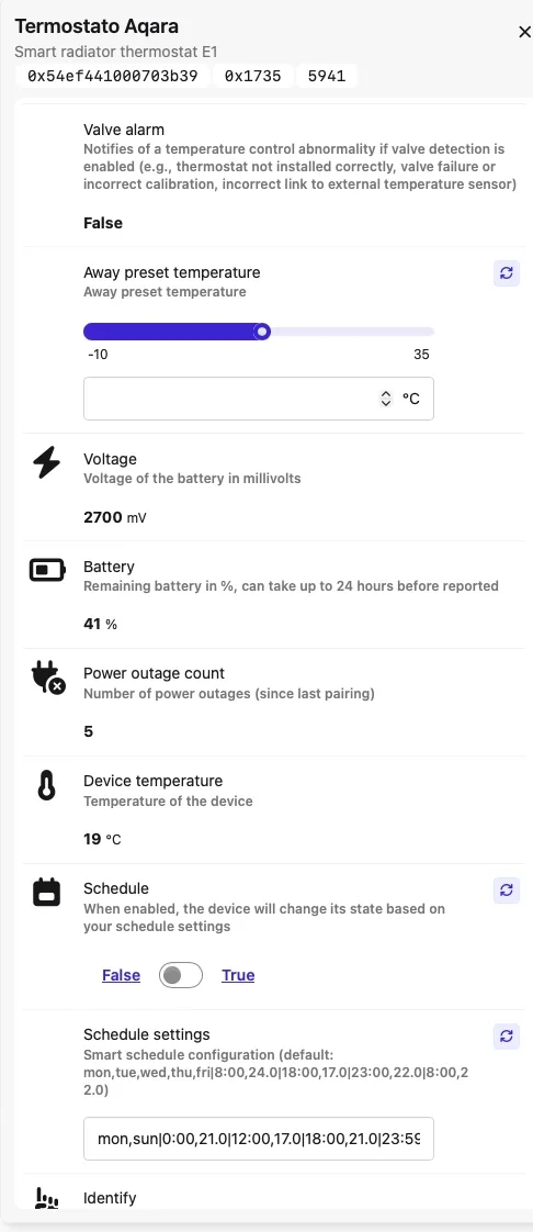 Batteria dell'Aqara E1 al 41% e tensione a 2700 mV in Zigbee2MQTT