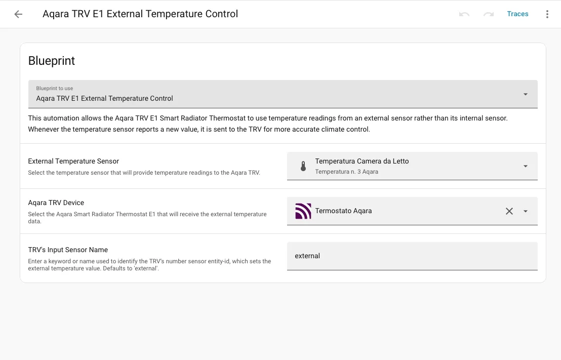 Blueprint Aqara TRV E1 External Temperature Control configurato in Home Assistant