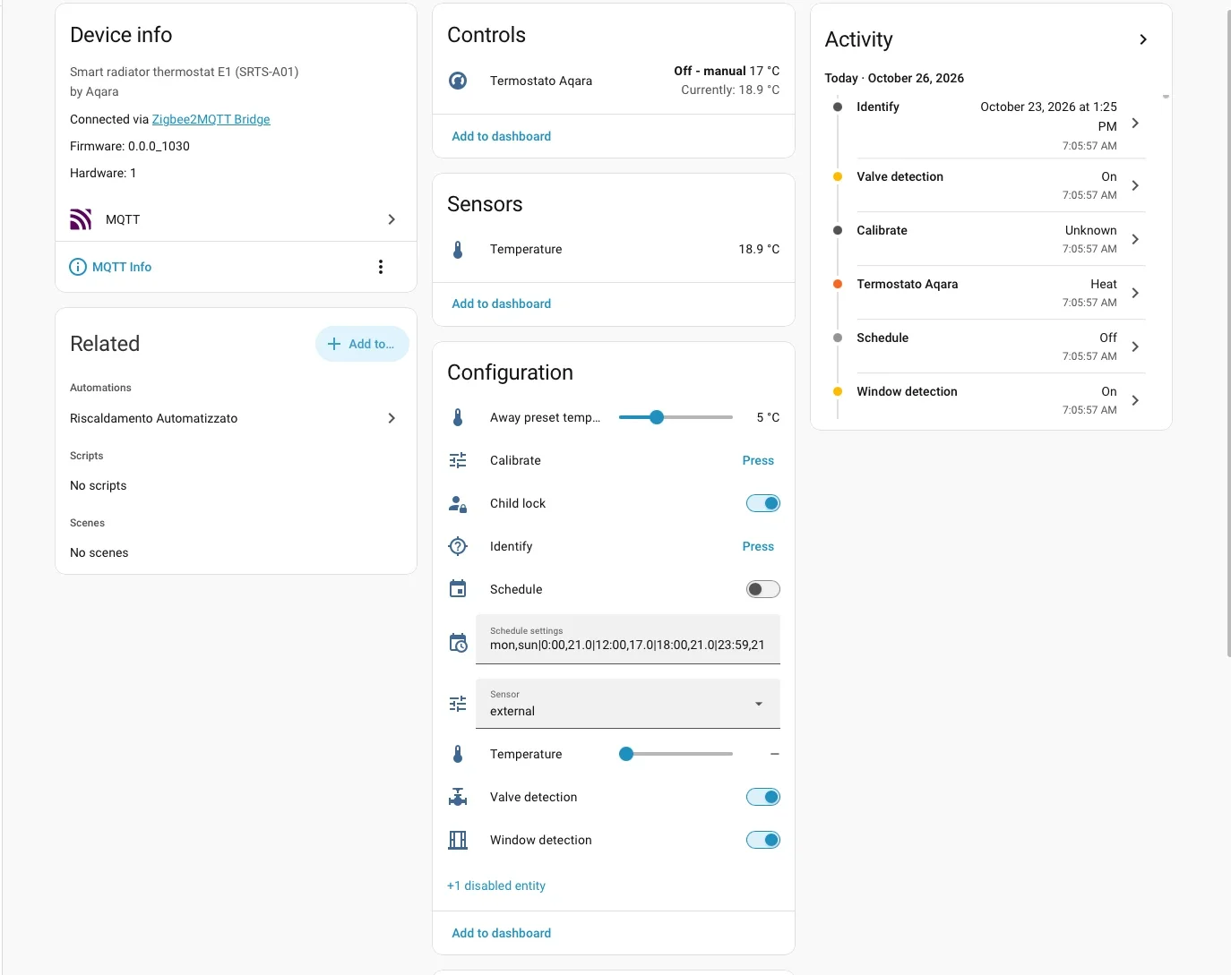 Entità di configurazione dell'Aqara E1 in Home Assistant, con il sensore su external