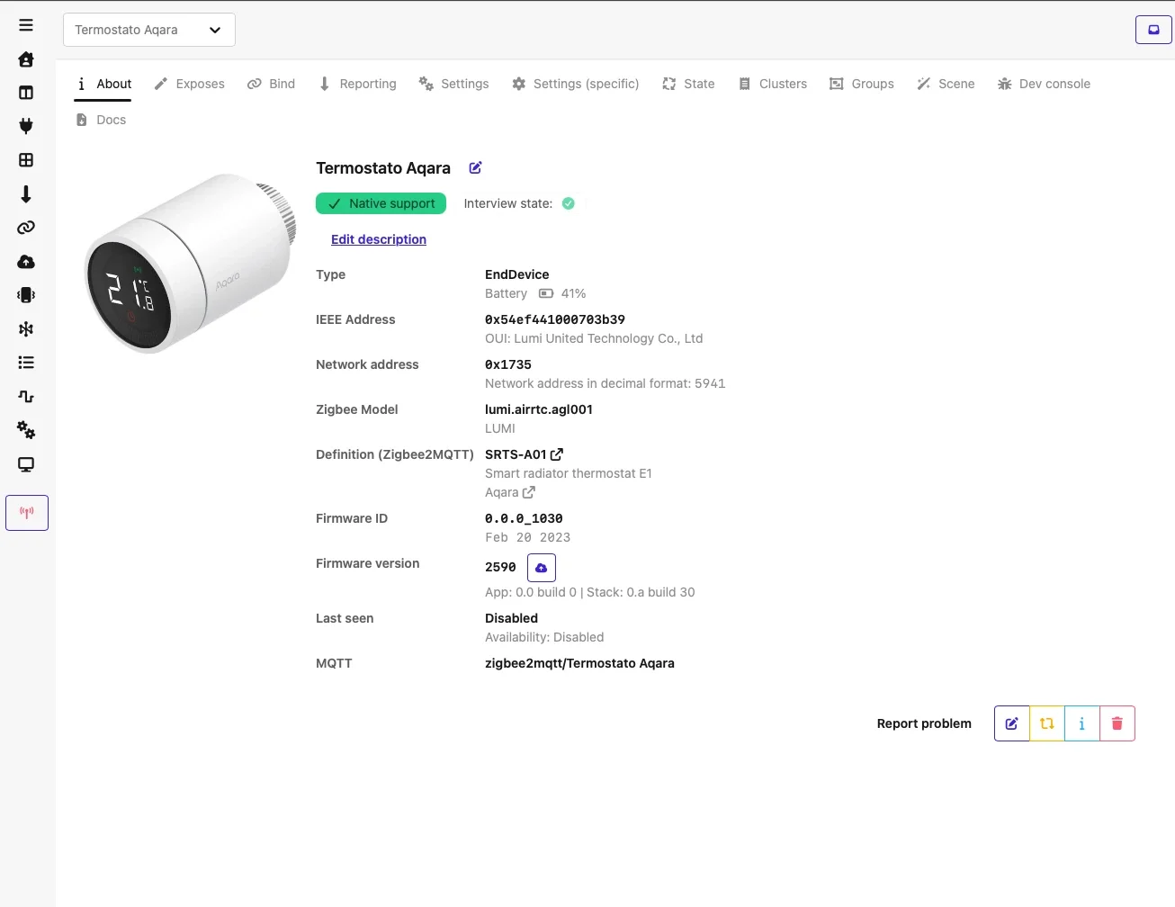 Aqara E1 in Zigbee2MQTT: modello SRTS-A01, firmware 0.0.0_1030, batteria al 41%