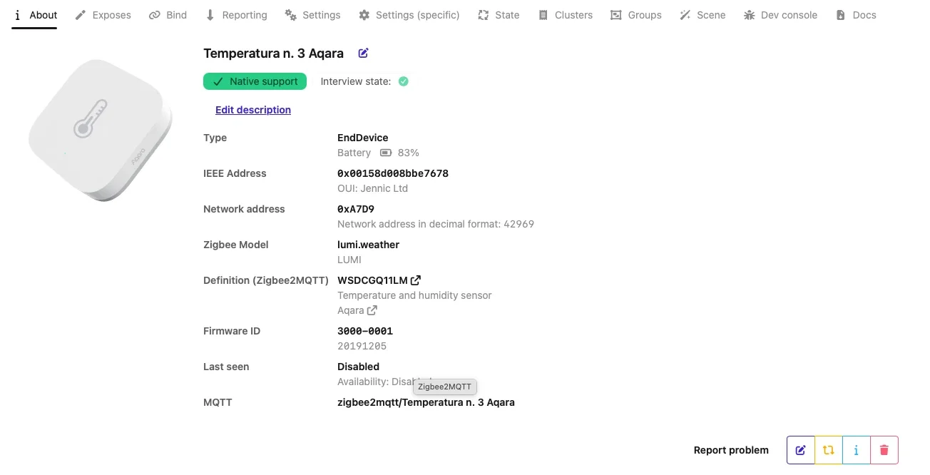 Sensore di temperatura Aqara WSDCGQ11LM in Zigbee2MQTT