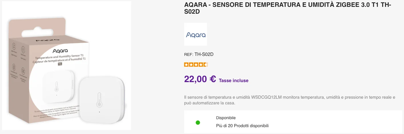 Scheda prodotto su Domadoo del sensore di temperatura e umidità Aqara T1 TH-S02D a 22 euro