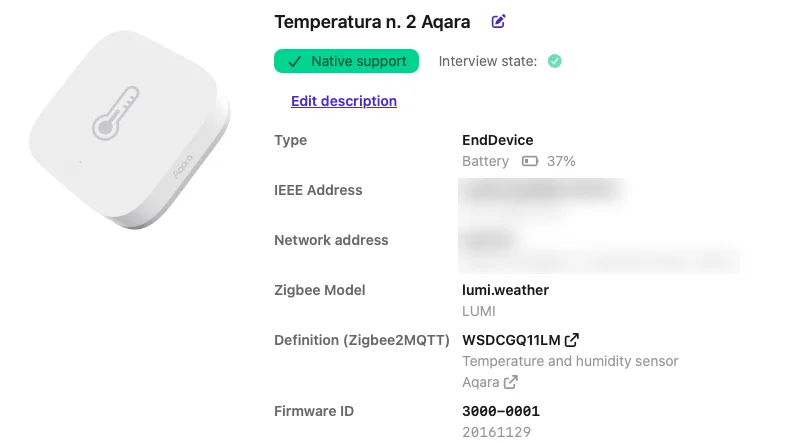 Scheda del sensore Aqara in Zigbee2MQTT: modello WSDCGQ11LM, sensore di temperatura e umidità, supporto nativo, batteria al 37%