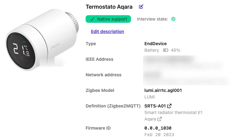 Scheda della valvola Aqara in Zigbee2MQTT: modello SRTS-A01, Smart radiator thermostat E1, supporto nativo, batteria al 45%