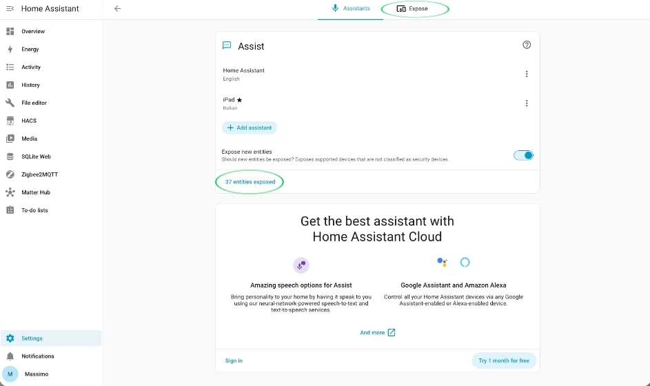 Impostazioni assistenti vocali, tab Esponi, entità esposte in Home Assistant