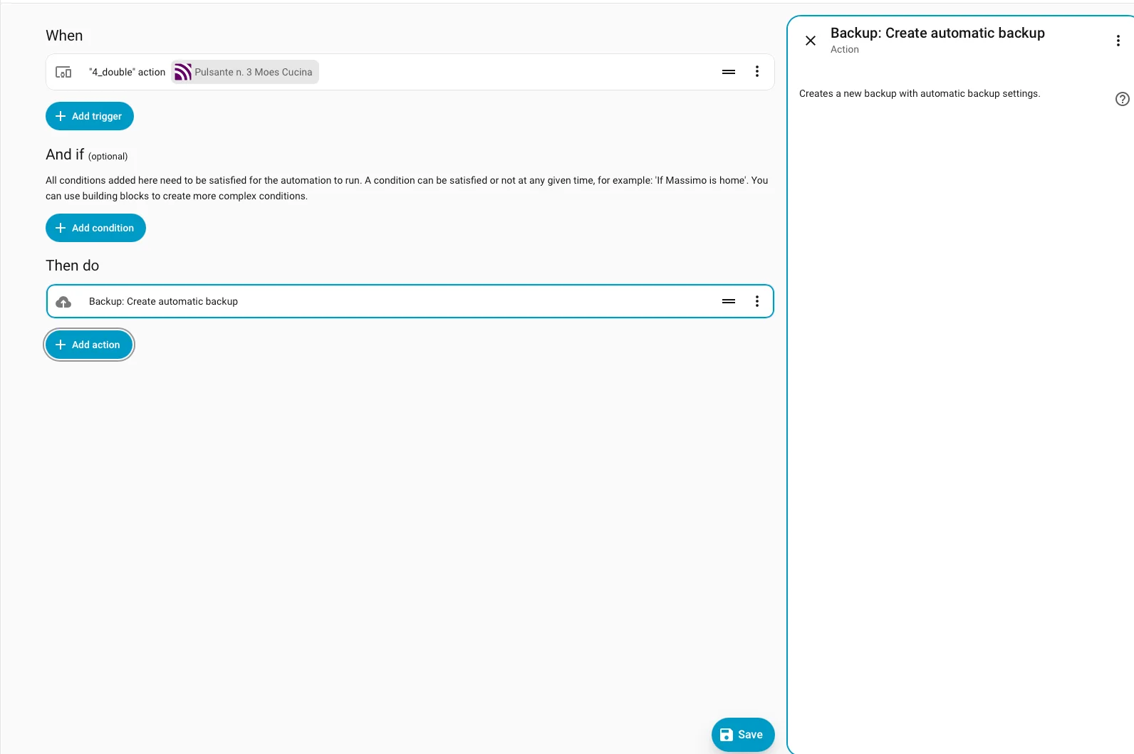 Automazione backup manuale visualizzata nell'editor UI di Home Assistant con azione backup.create_automatic