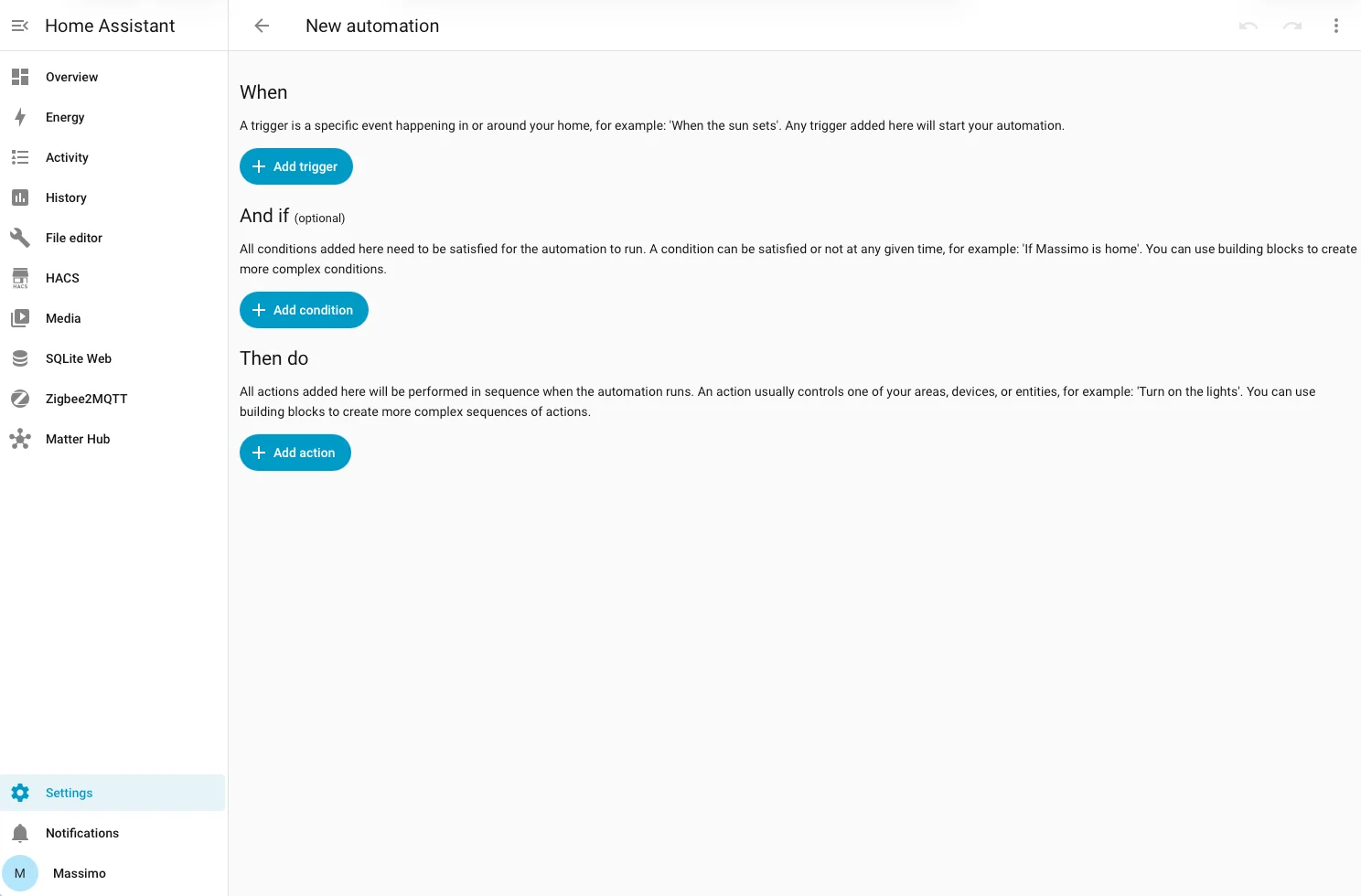 Editor di una nuova automazione vuota in Home Assistant, con le sezioni When, And if, Then do
