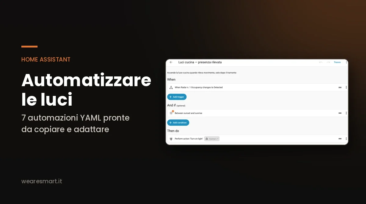 Automatizzare le luci con Home Assistant: l'automazione Luci cucina aperta nell'editor