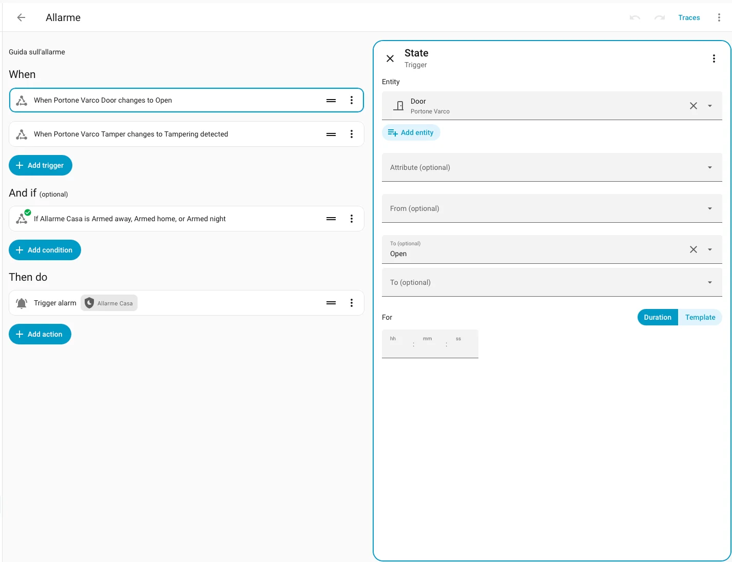 Editor automazioni di Home Assistant con i trigger su apertura e manomissione del sensore Portone Varco