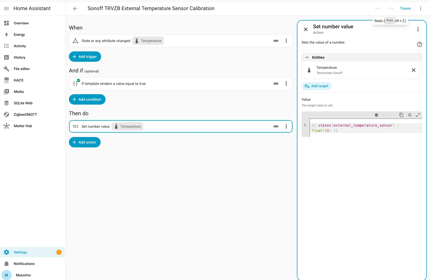 Automazione Home Assistant per la calibrazione della temperatura esterna della valvola Sonoff TRVZB