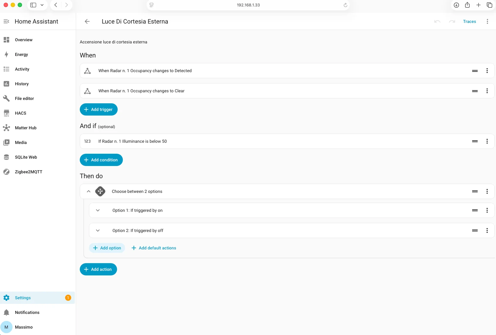 Automazione Luce di Cortesia Esterna nell'editor UI di Home Assistant
