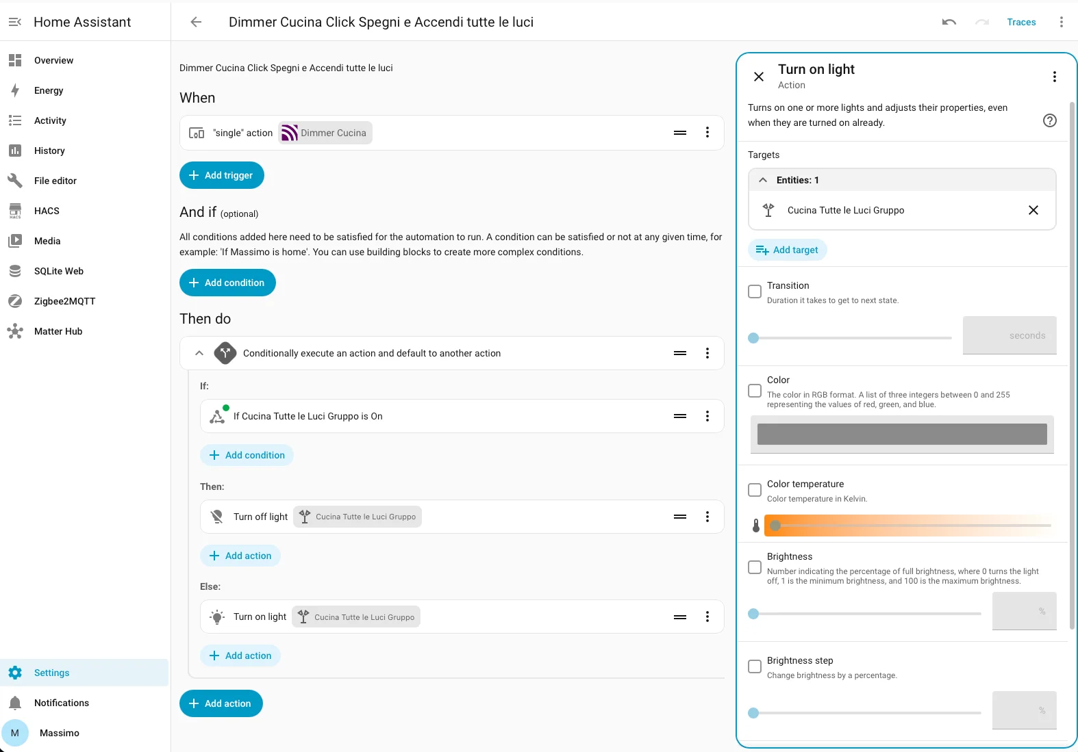Esempio di automazione con azione toggle su Tuya Smart Knob in Home Assistant