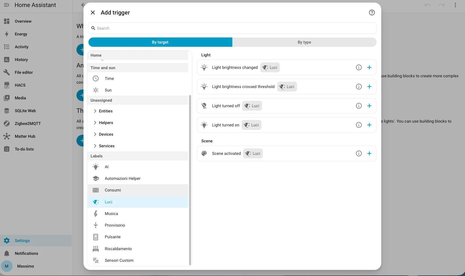 Pillola etichetta con conteggio entità nell'editor automazioni Home Assistant