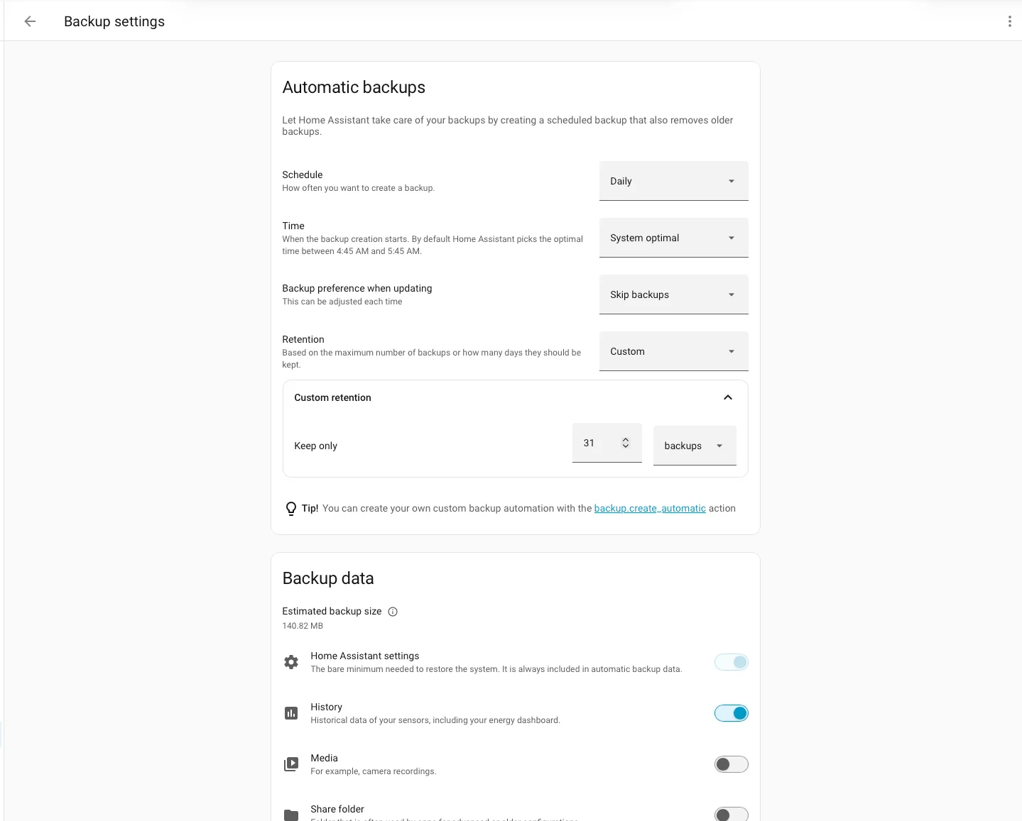 Opzioni di contenuto del backup in Home Assistant con scelta di cosa includere