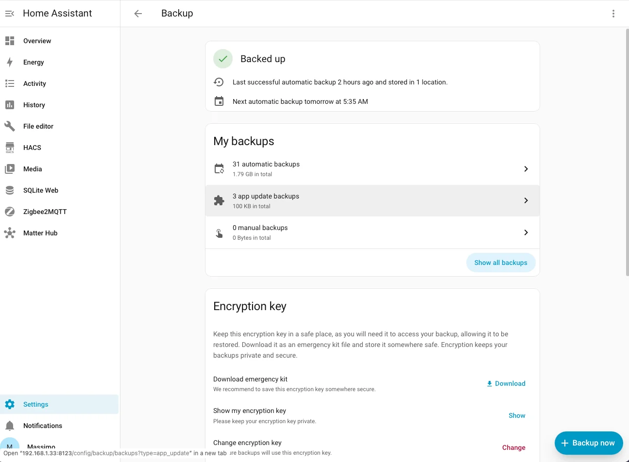 Pagina Backup di Home Assistant con le posizioni di archiviazione configurate