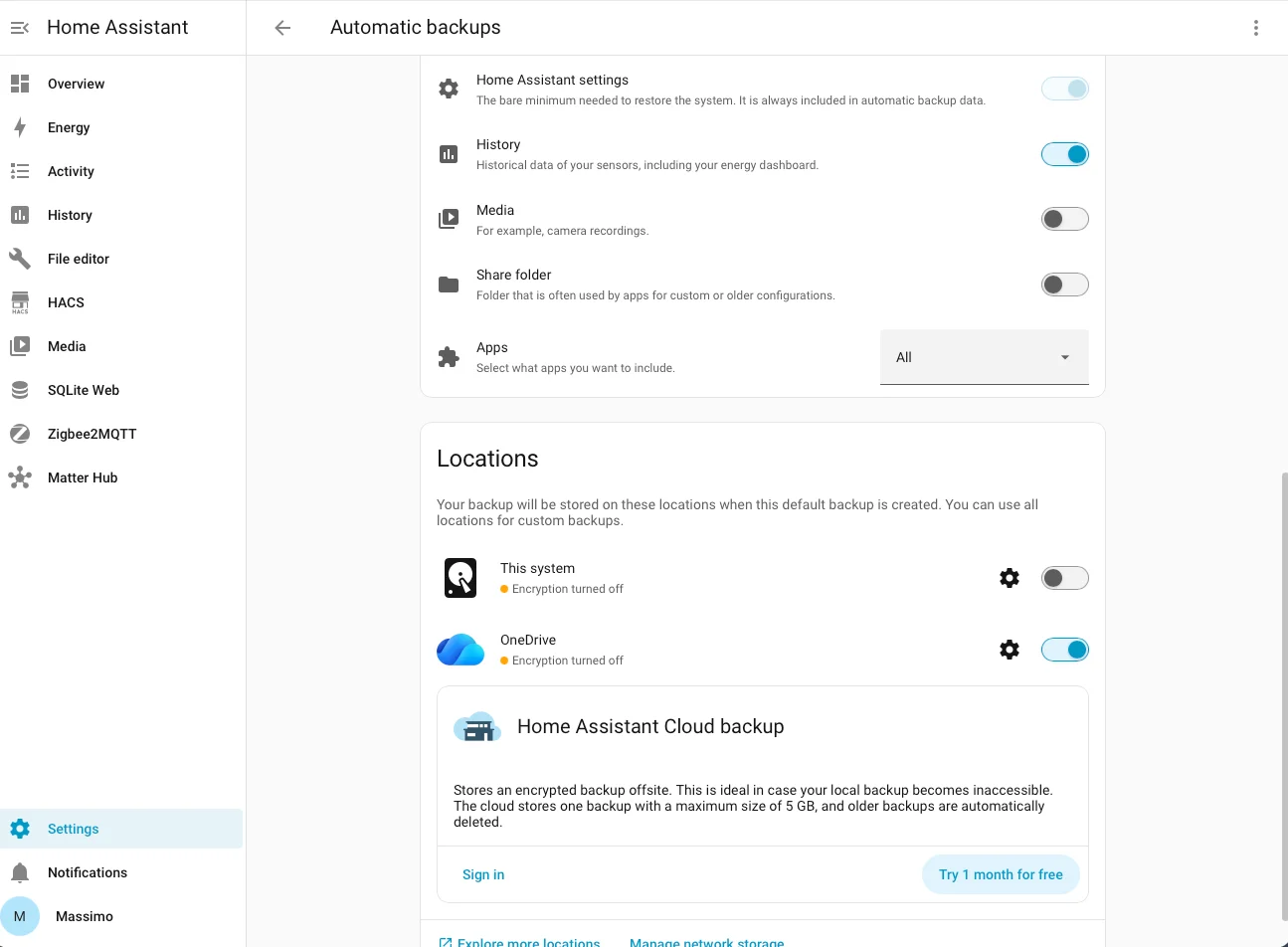 Impostazioni del backup automatico di Home Assistant con OneDrive come posizione esterna