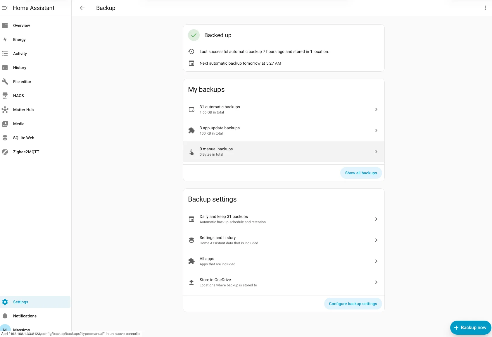 Schermata principale del backup in Home Assistant con l'ultimo backup riuscito e il prossimo pianificato