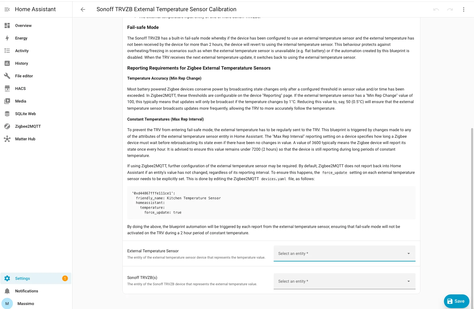 Documentazione del blueprint community Sonoff TRVZB External Temperature Sensor Calibration