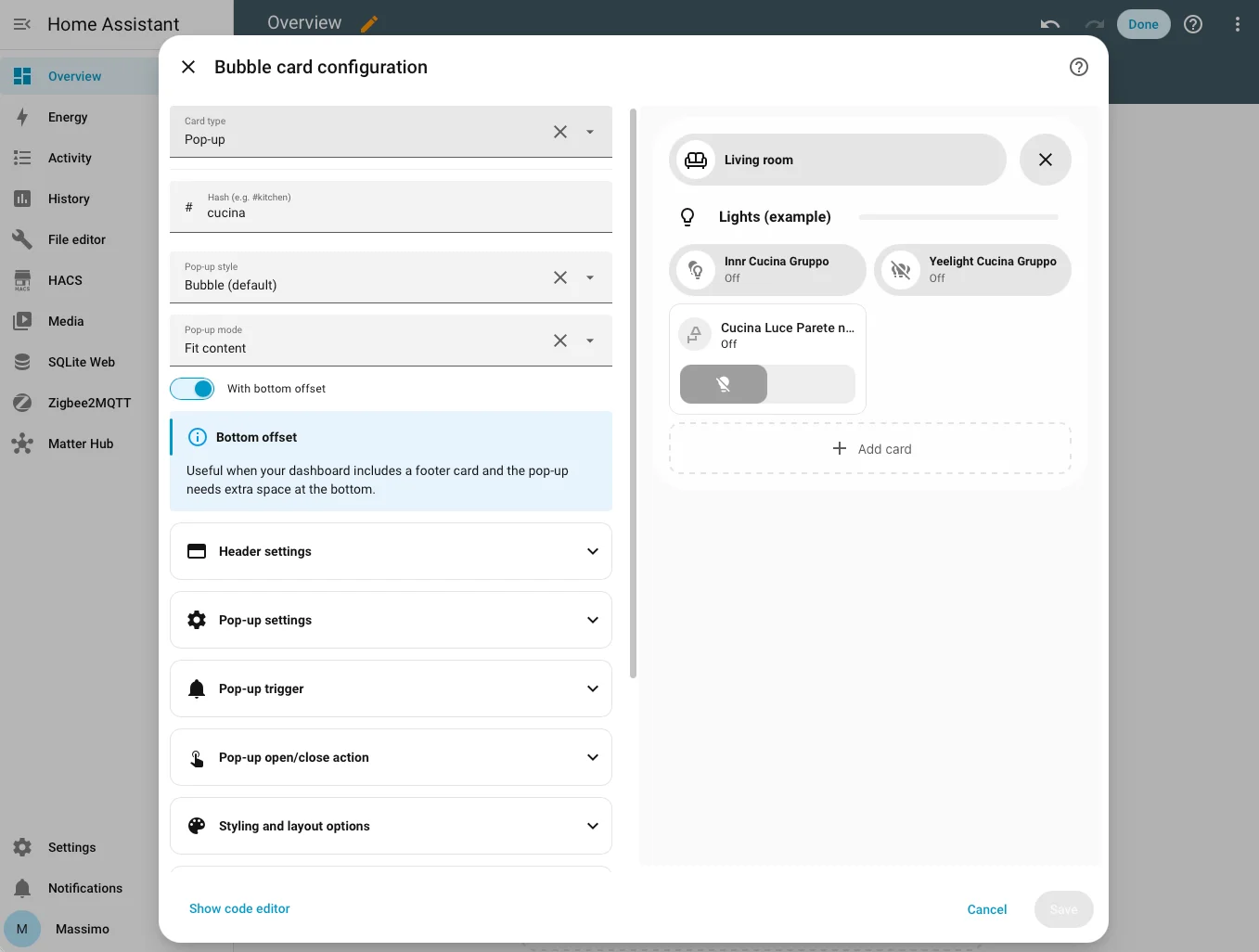 Editor di configurazione Bubble Card in Home Assistant con anteprima live