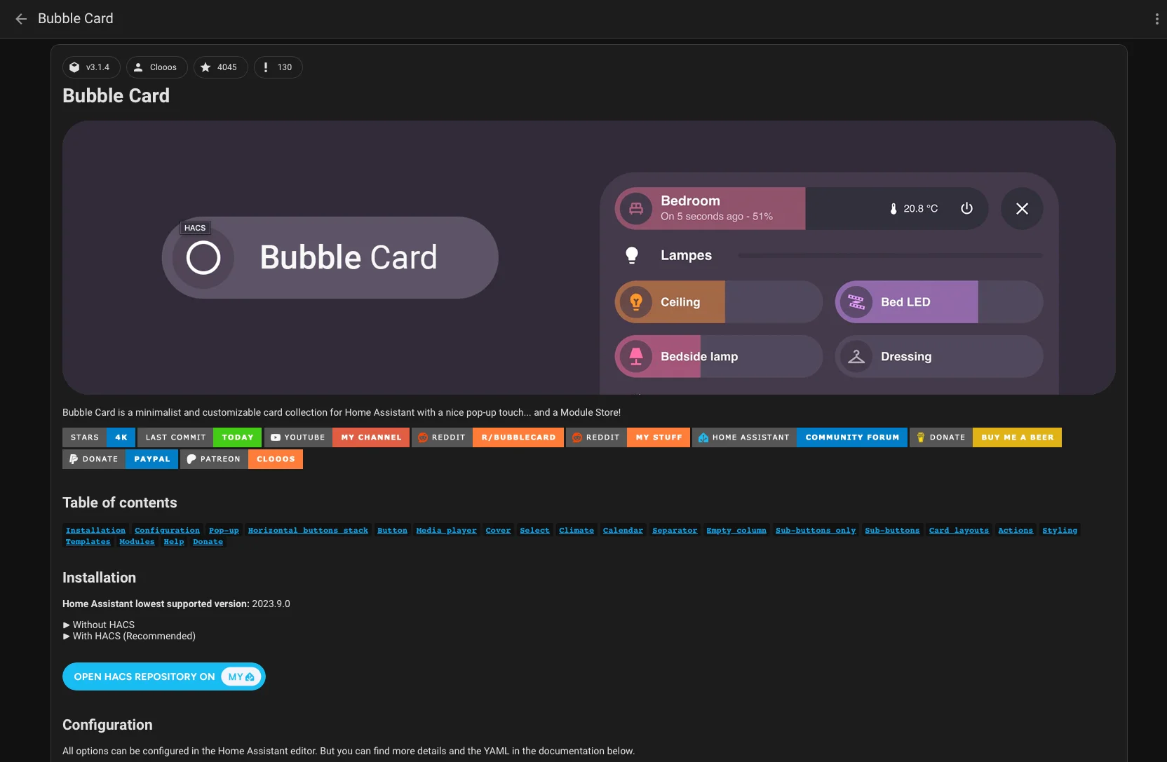 Bubble Card nella sezione Frontend di HACS su Home Assistant