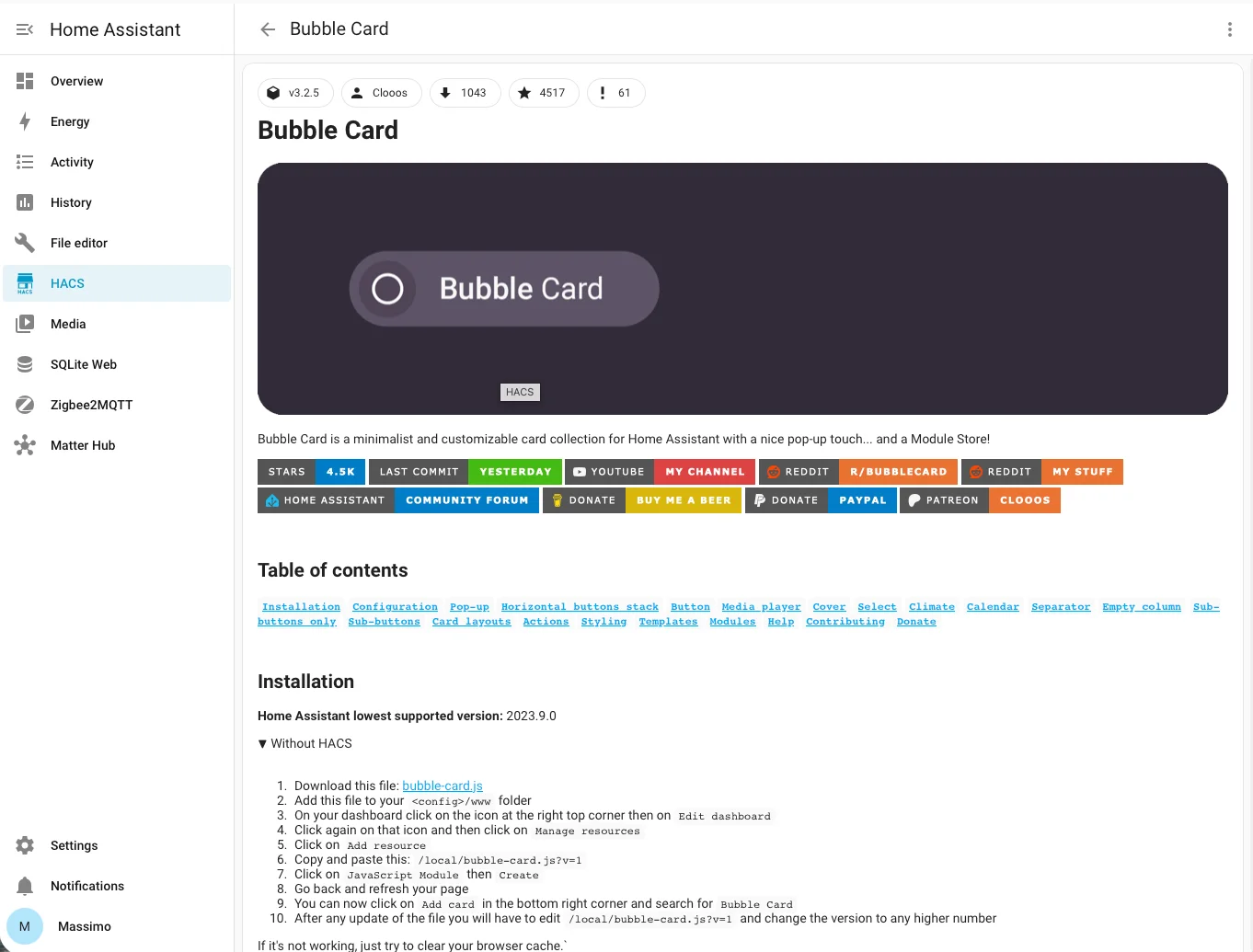 Pagina Bubble Card in HACS con versione installata v3.2.5